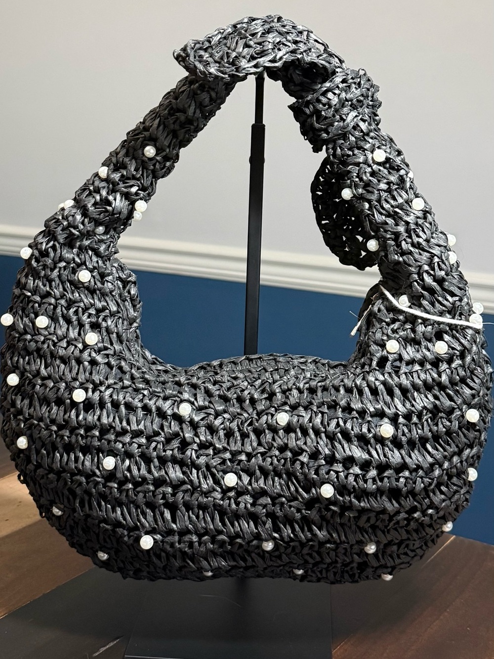 Haute Hippie Black Crochet Pearl-Embellished Shoulder Bag - Picture 2 of 5